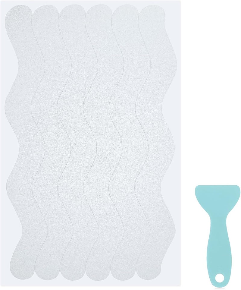 SX 24 قطعة ملصقات مضادة للانزلاق للدش، شرائط شفافة غير مرئية عالية الجر، ملصقات أمان بشكل موجي لحمام الدش، بلاط رطب وسلالم مع مكشطة - Image 1